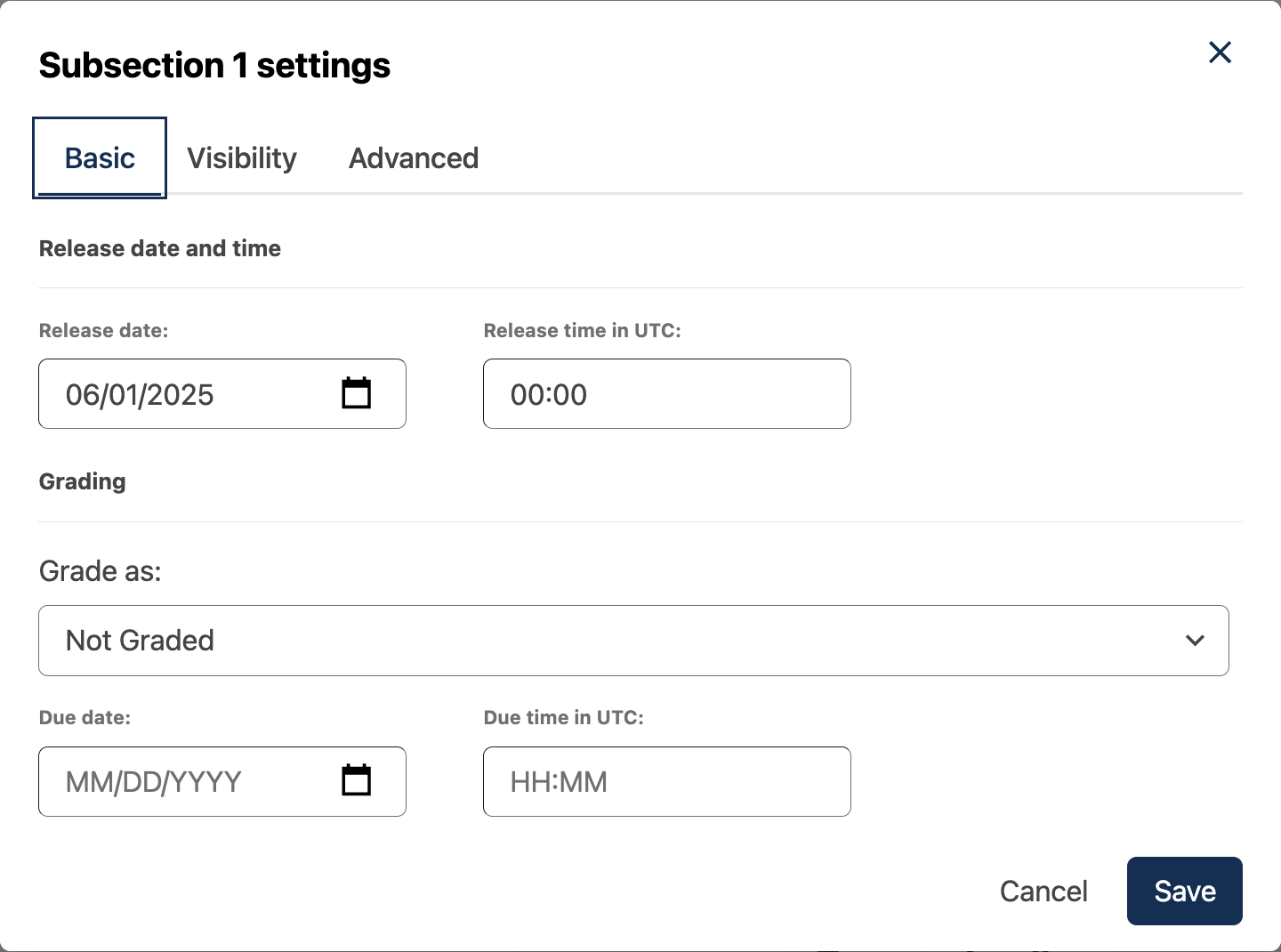 Subsection Settings Basics tab with the Release Date and Grade As fields