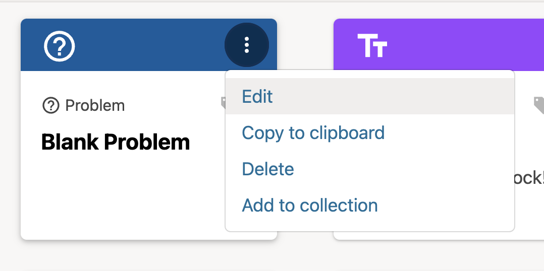 The three-dot menu on a component card, with the options "Edit", "Copy to clipboard", "Delete", and "Add to collection"
