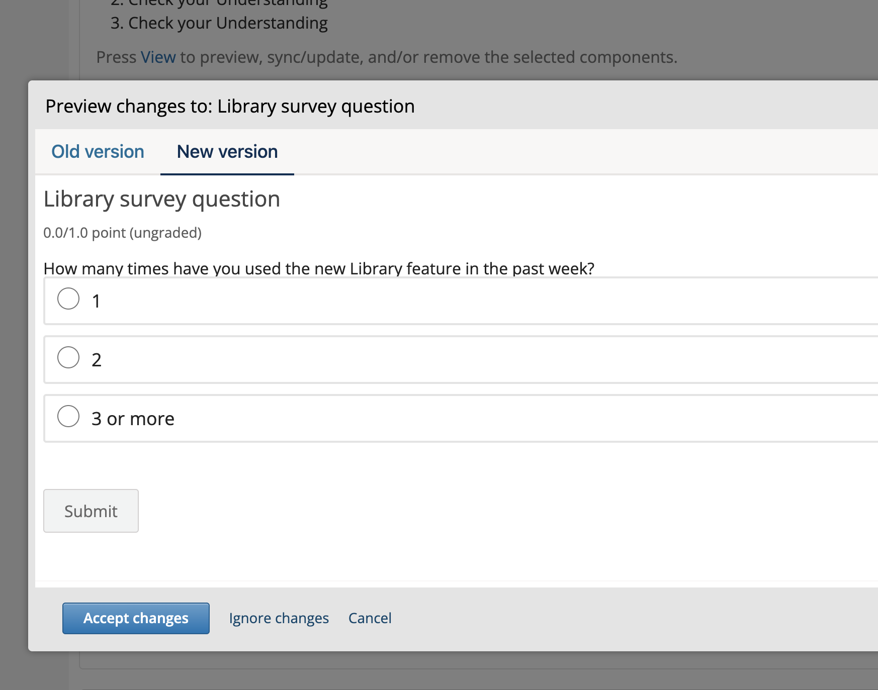 A screenshot of the Preview Changes modal, which shows the difference between the old version and the new version of the content.
