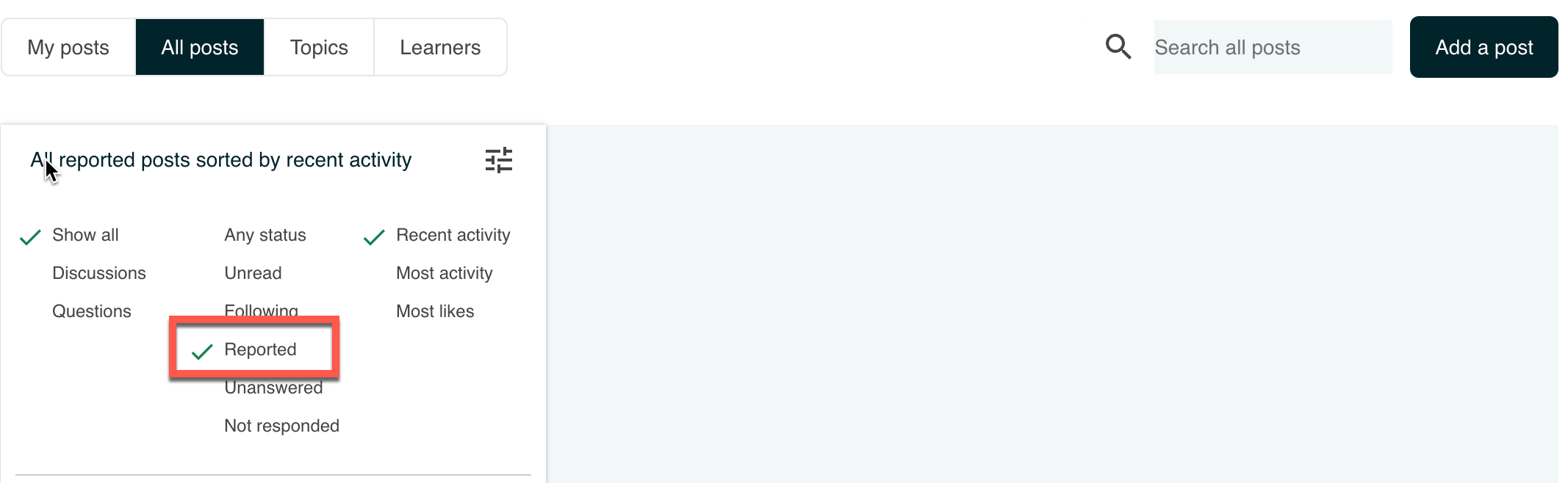 The filter drop-down list set to **Reported**.