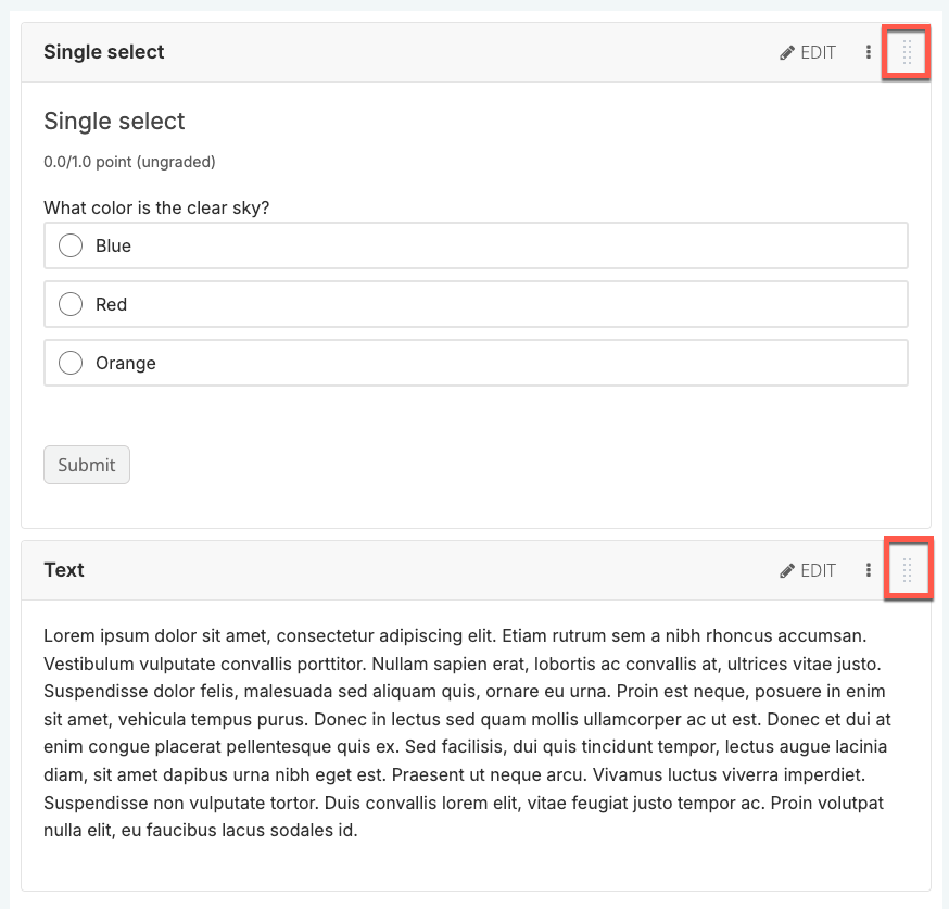 A unit page with two components with the drag handle highlighted.